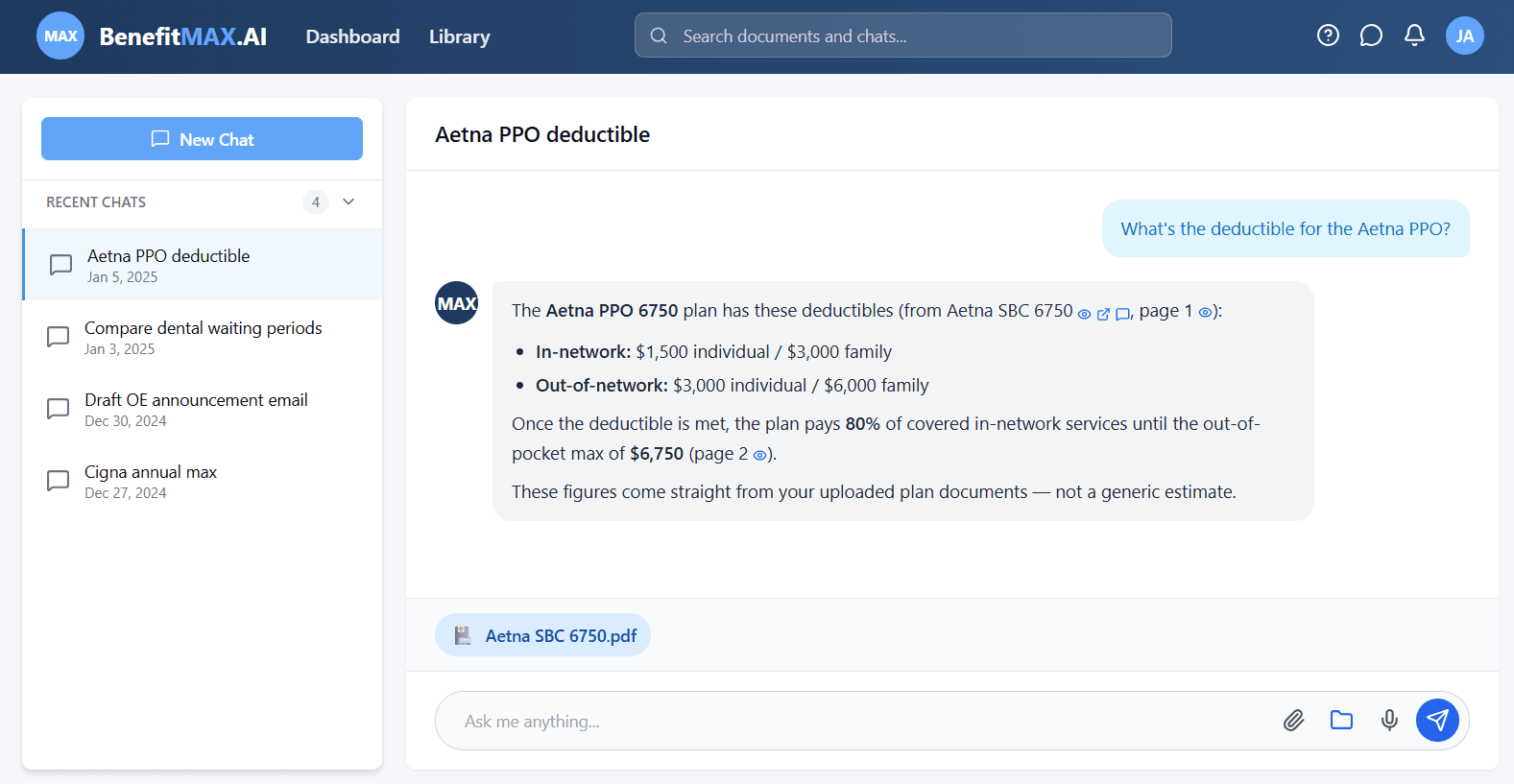 Ask MAX — instant answers from your documents, with cited page numbers
